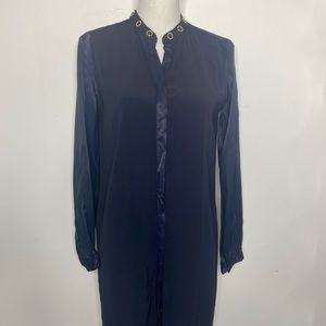 Michael Kors Women's Button Up Small  Navy Blue V Neck Long Sleeve Dress